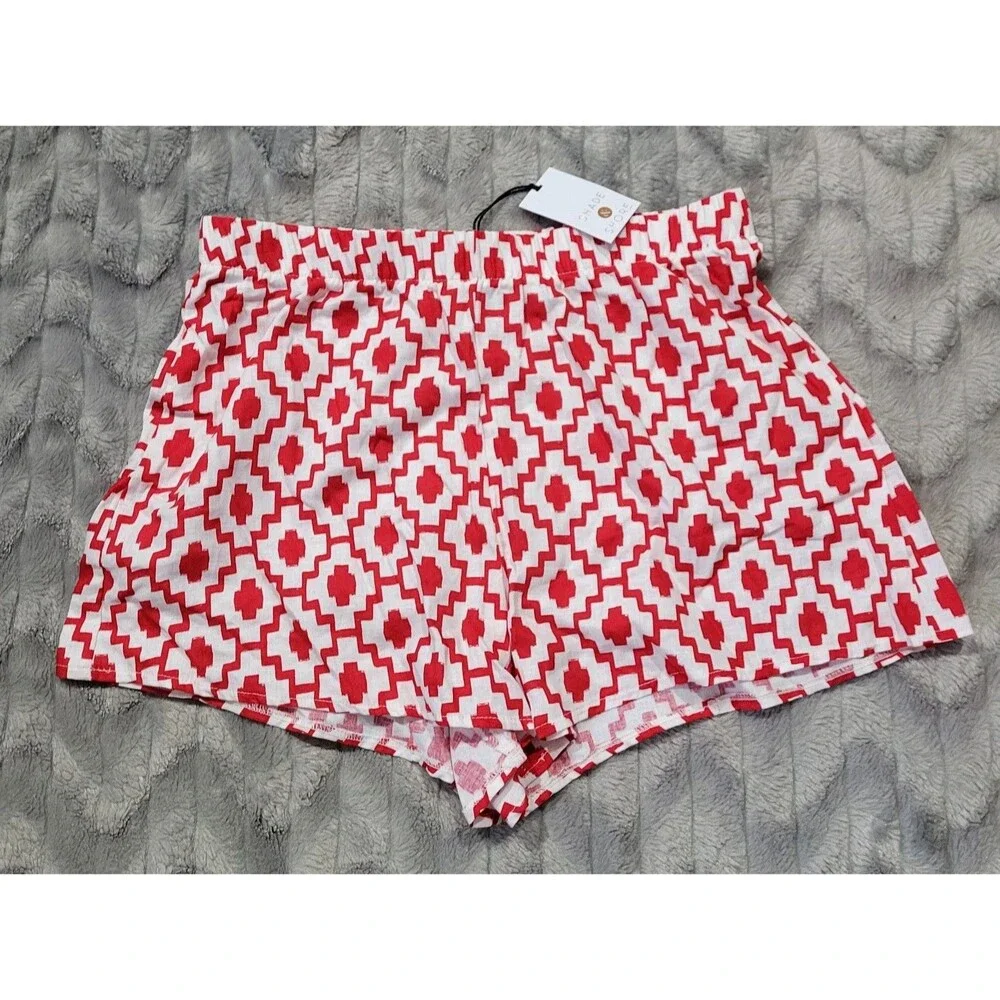 Shade & Shore Womens Size S 4-6 Linen Blend Red Geometric Shorts Swim Cover Up